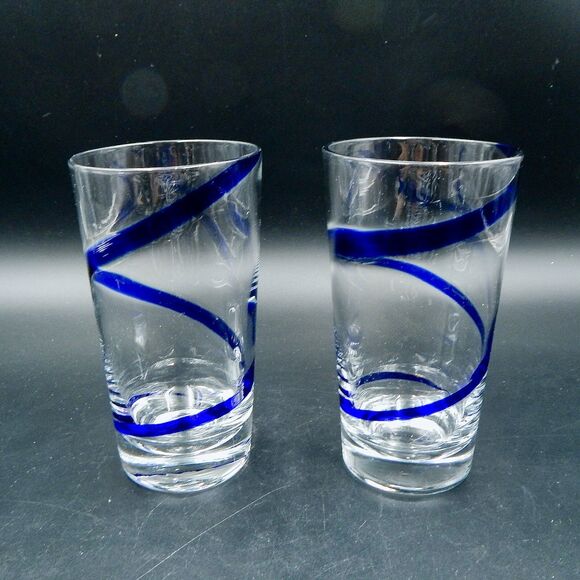 Pier 1 One Swirline Blue Ribbon Highball Beer Tumblers Glasses 6 Inch Set of 2 - Picture 1 of 9